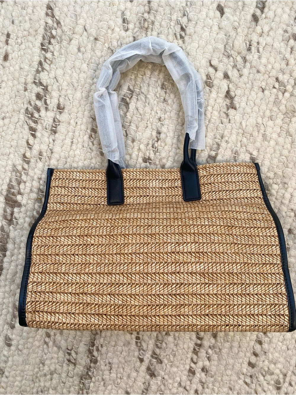 Walter Baker NWT Delaney Woven Raffia Tote Black Vegan Leather - Picture 8 of 9